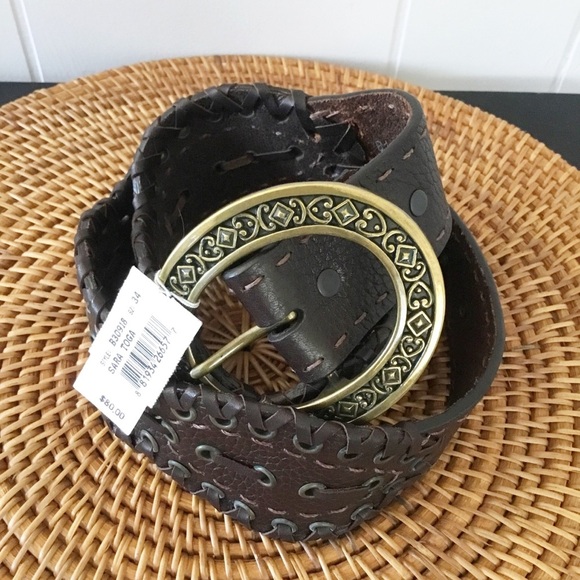 Vintage Brighton Brown Leather New Belt With Bronze Hardware Size 34